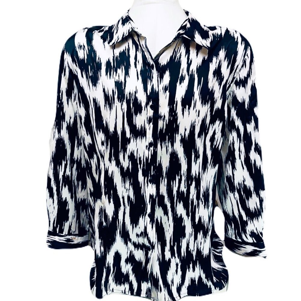 Calvin Klein Botton Down Blouse, Black & White, Animal Print, Casual, XL